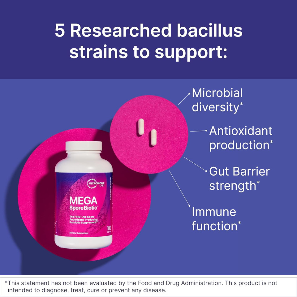Microbiome Labs Megasporebiotic (60 Capsules) + Megapre (180 Capsules) Probiotic Prebiotic Bundle - Spore-Based Probiotic With Prebiotic Fiber Supplement