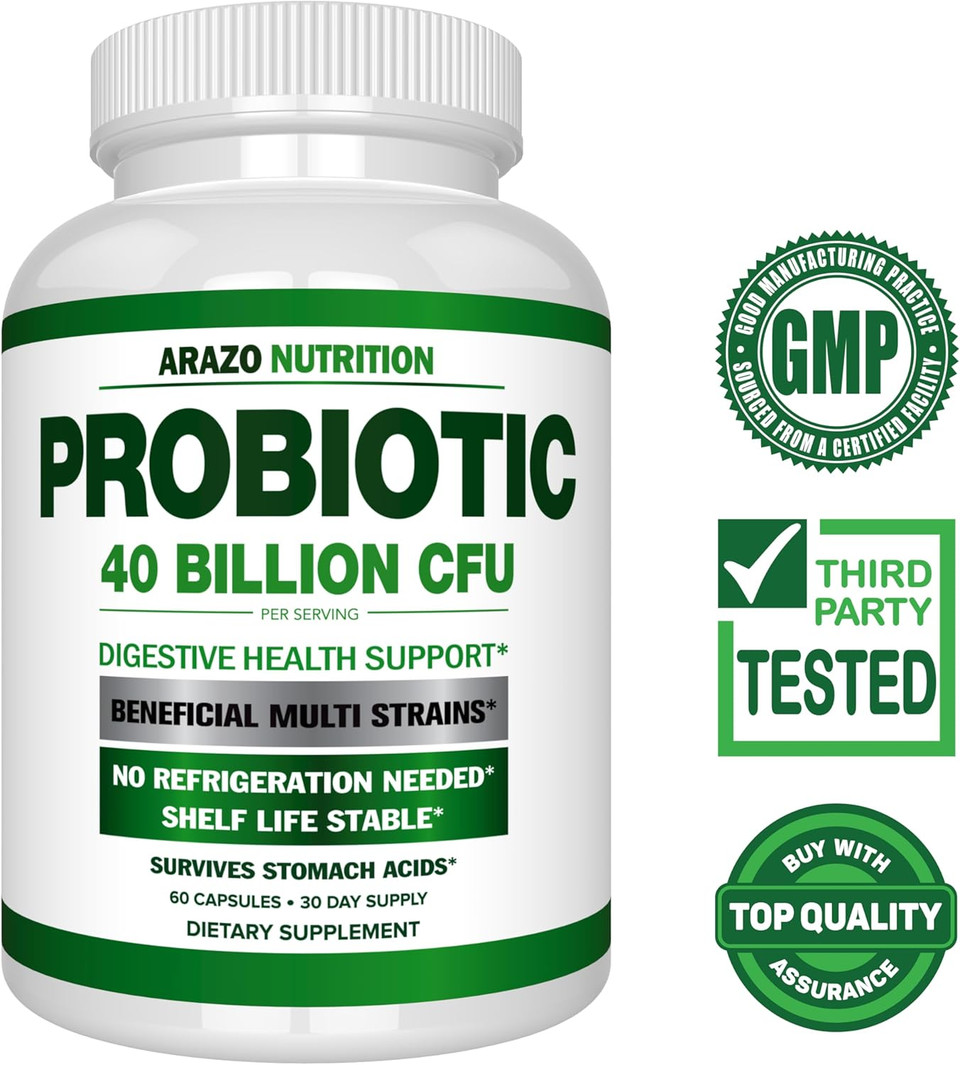 Arazo Nutrition Probiotic 40 Billion Cfu - Shelf Stable With Prebiotics And Acidophilus - Stable Potency Until Expiration  Time Delay Release Probiotics