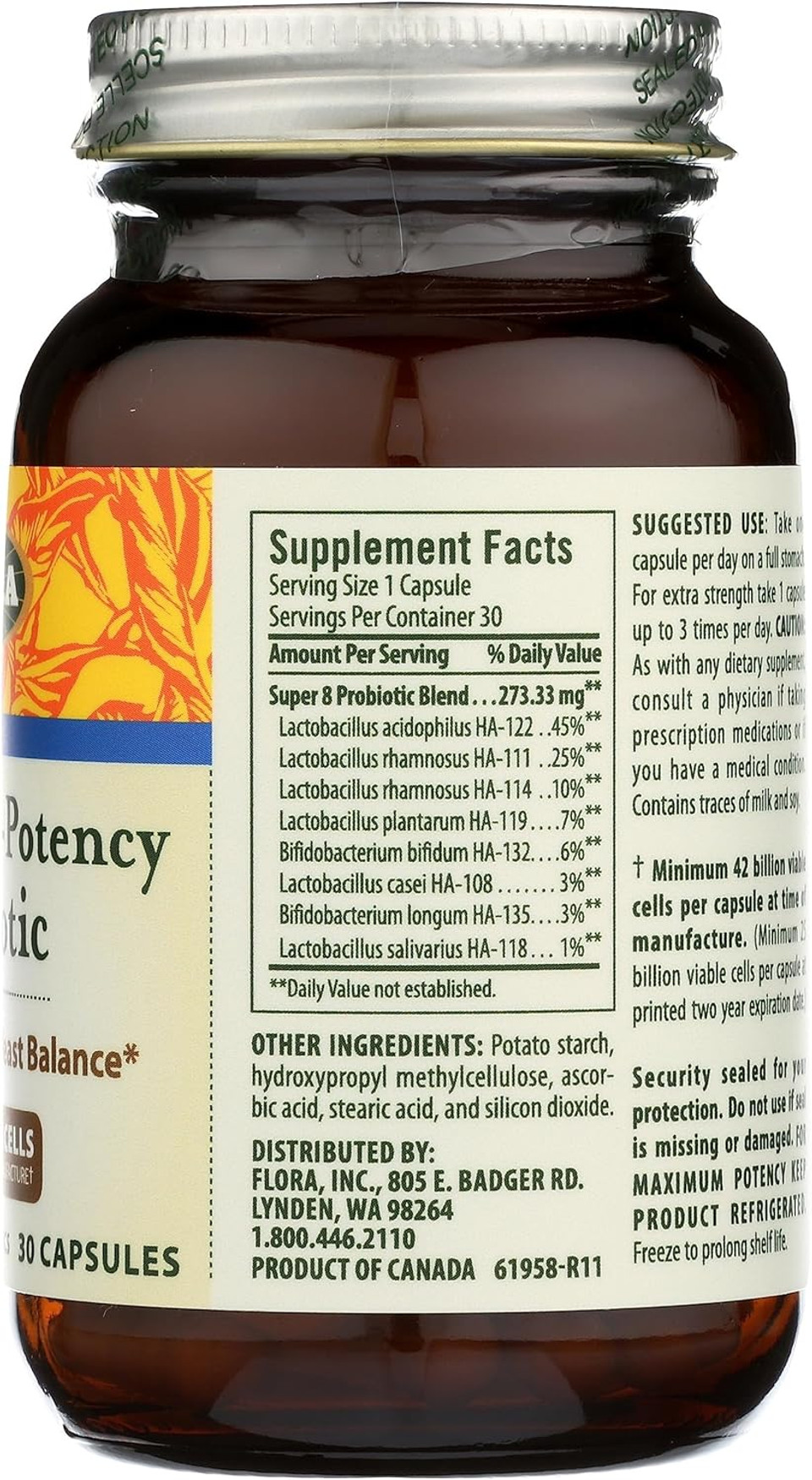 Flora Super 8 Hi Potency Probiotics 30 Count - Healthy Yeast Balance & Digestive Health - For Men & Women - 42 Billion Cfu, Raw, Gluten Free - Up To 1 Month Supply