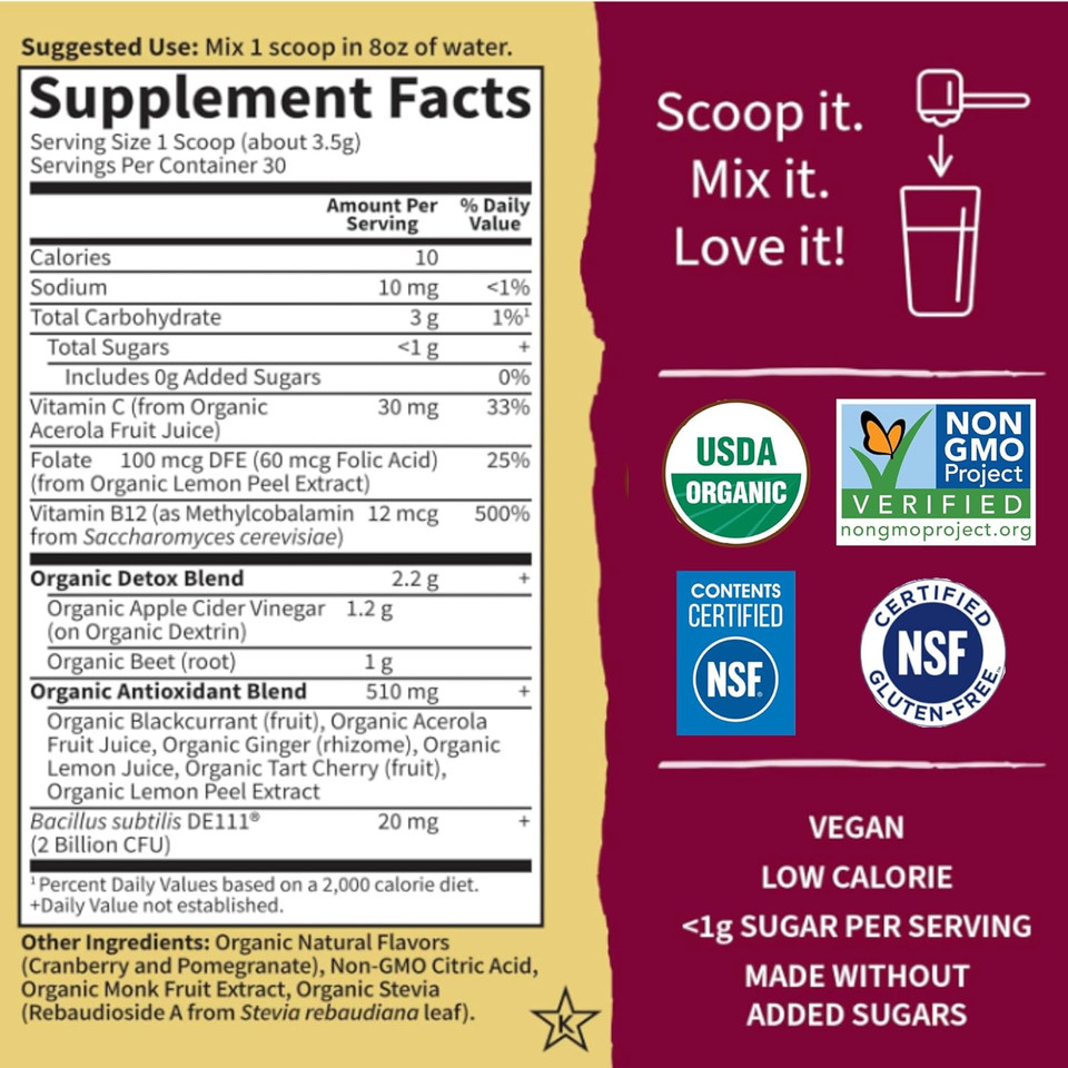 Garden Of Life Organic Beet Root Powder With Antioxidants, Vitamin C, Probiotics & Apple Cider Vinegar For Digestive & Liver Health  Beets Detox  Vegan, Non Gmo, Cranberry Pomegranate, 30 Servings