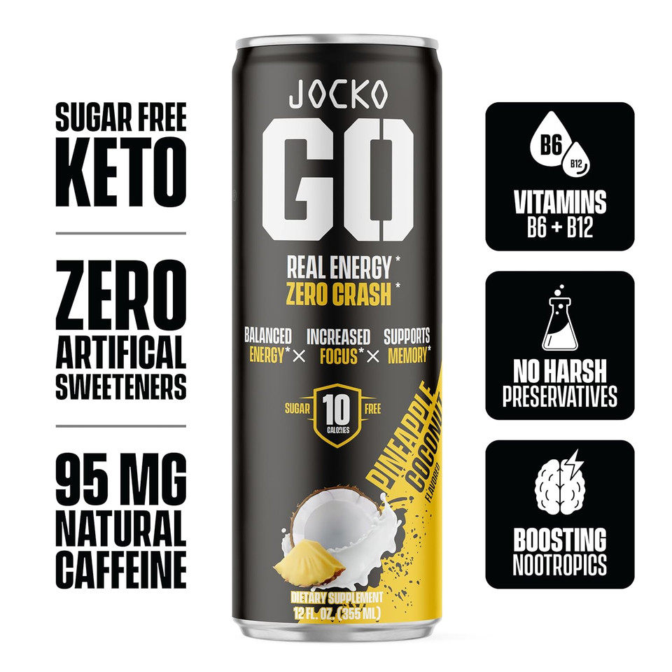 Jocko Go Energy Drink - Keto, Vitamin B12, Vitamin B6, Electrolytes, L Theanine, Magnesium- All Natural Energy Boost, Sugar Free Nootropic Monk Fruit Blend - 12 Pack (Pineapple Coconut Flavor)