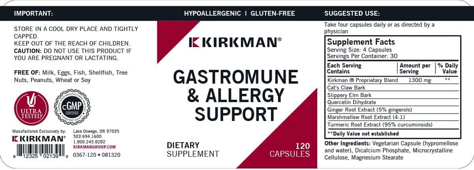 Kirkman Gastromune Allergy Support - Hypoallergenic-120 Vegetarian Capsules Gluten/Casein Free