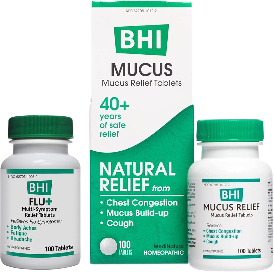 Bhi Flu + Cold/Flu Symptom Relief Natural, Safe Homeopathic Relief - 100 Tabs And Bhi Mucus, Natural Chest Congestion Relief, Homeopathic Support For Cough And Mucus Build-Up, 100 Tablets Bundle