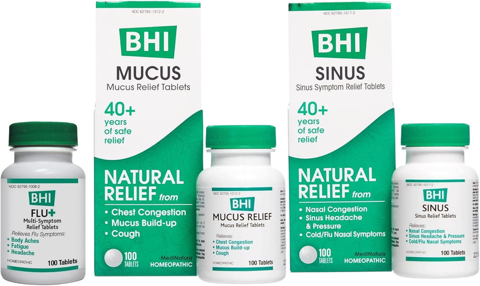 Bhi Flu + Cold/Flu Symptom Relief Natural, Safe Homeopathic Relief - 100Ct, Bhi Mucus, Natural Chest Congestion Relief And Mucus Build-Up -100Ct And Bhi Sinus Congestion Relief 100Ct Bundle