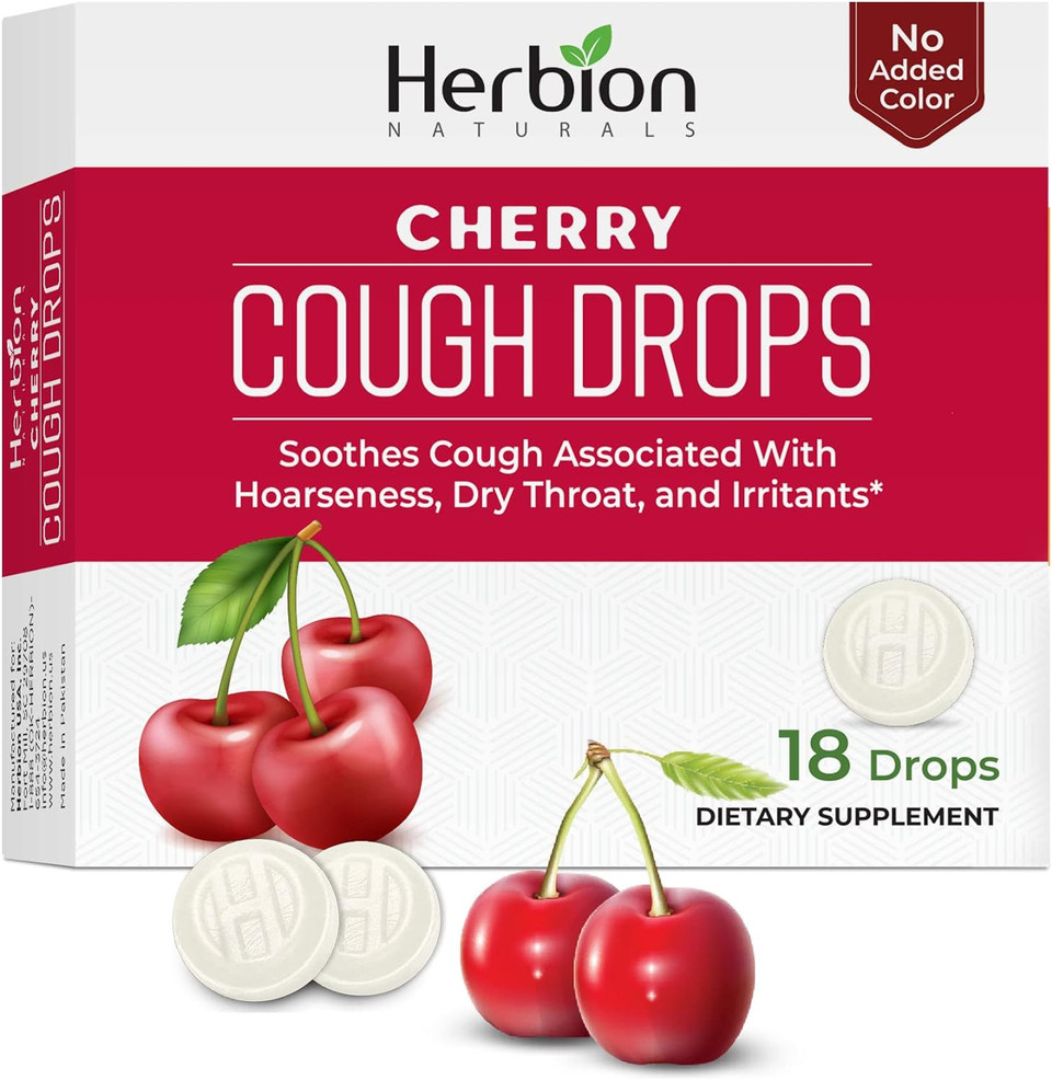 Herbion Naturals Cough Drops With Natural Cherry Flavor, Dietary Supplement, Soothes Cough, For Adults And Children Over 6 Years, 18 Drops, No Artificial Flavor, No Added Color