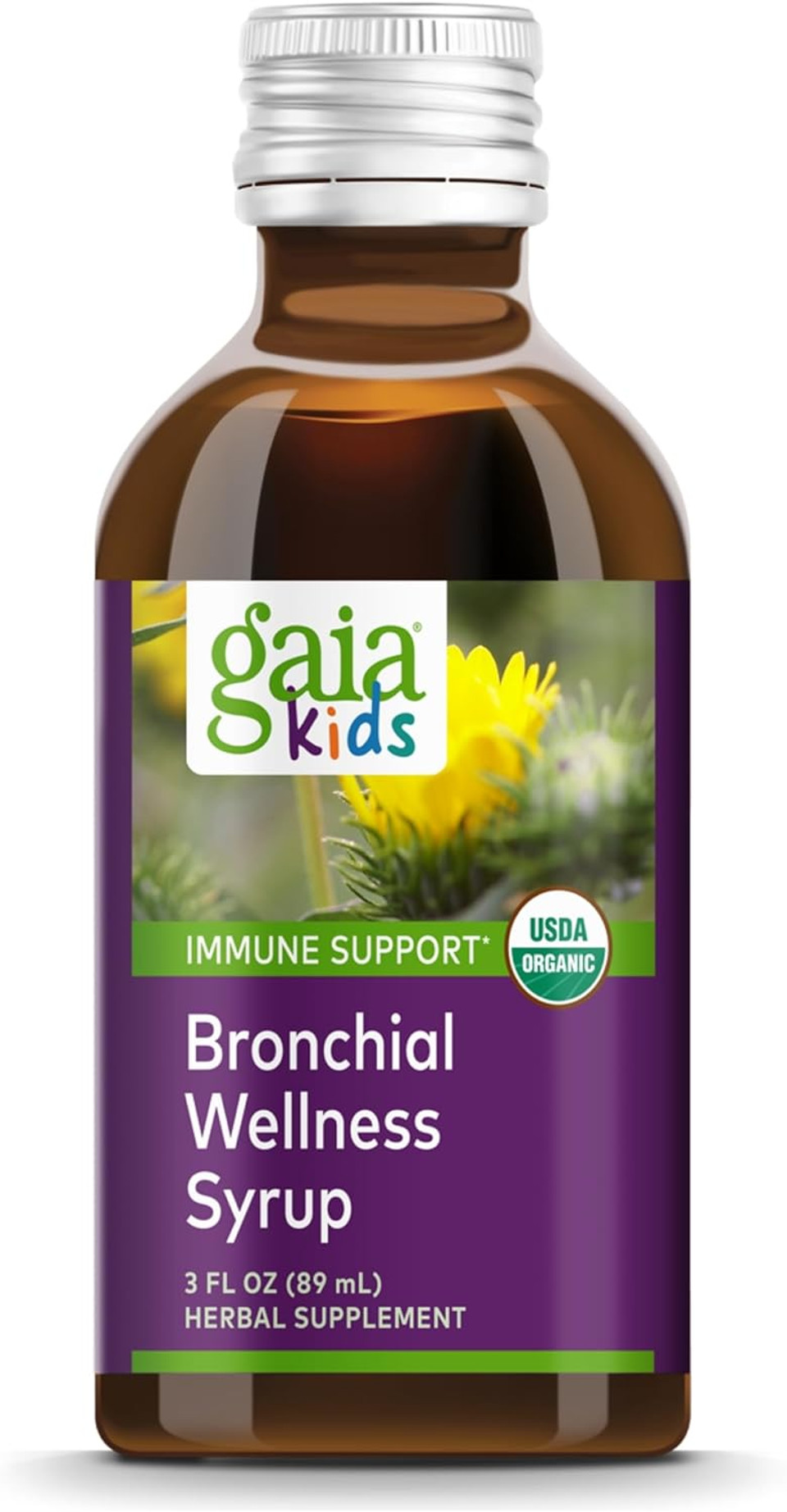 Gaia Kids Bronchial Wellness Syrup - Immune Support Supplement - Overall Throat & Lung Health Support - Certified Organic Formula With English Plantain, Grindelia & Honey - 3 Fl Oz (18 Servings)