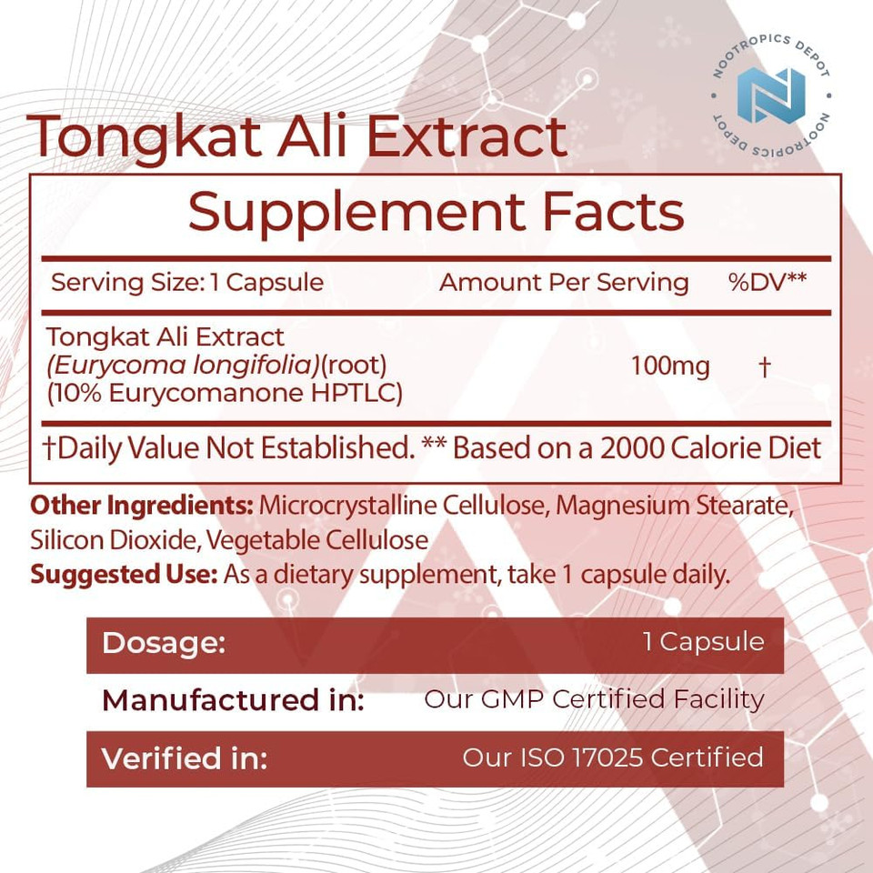Nootropics Depot Tongkat Ali Extract Capsules | 100Mg | 60 Count | 10% Eurycomanone By Hptlc | Eurycoma Longifolia Root Extract60 Count (Pack Of 1)