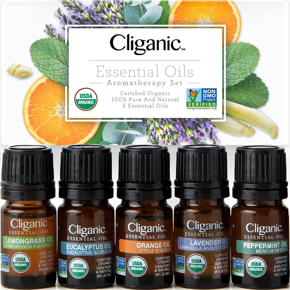 Cliganic Organic Essential Oils Set (Top 5) + White Ceramic Diffuser
