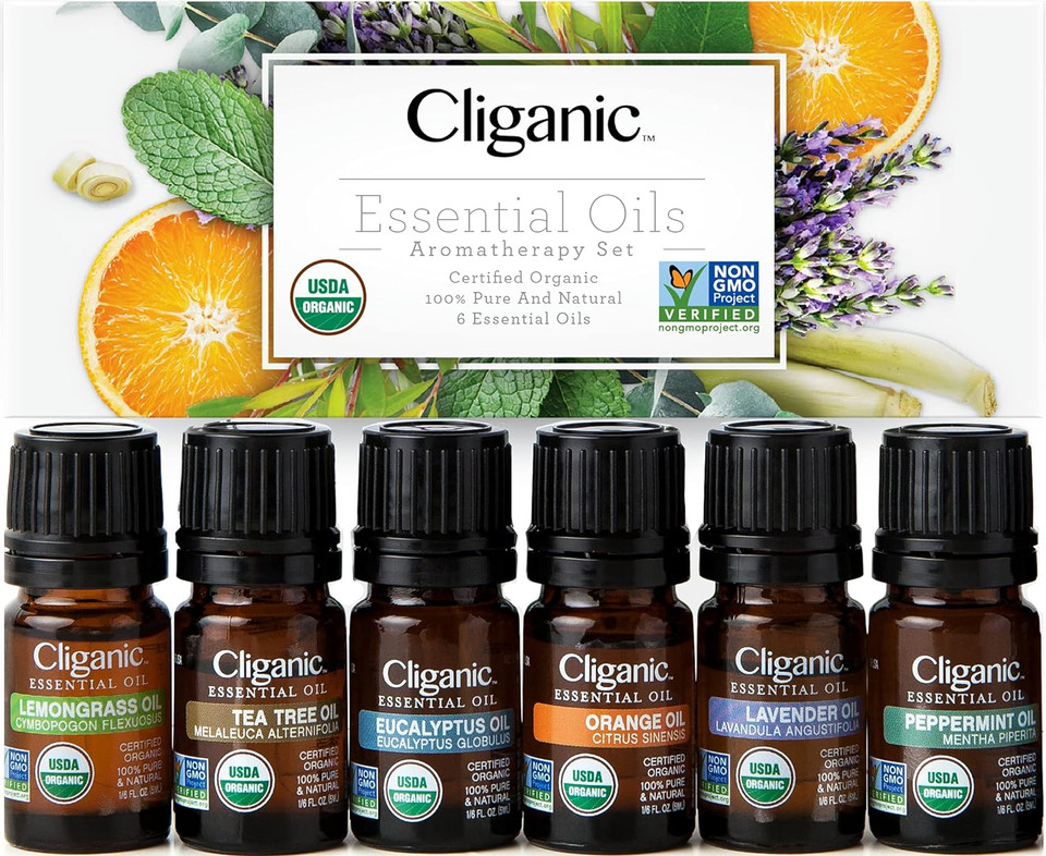 Cliganic Organic Essential Oils Set (Top 6) + White Ceramic Diffuser