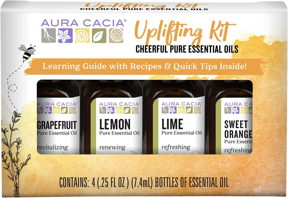 Aura Cacia Cheerful Pure Essential Oils Uplifting Kit, 0.25 Fl Oz 4-Pack, Grapefruit, Lemon, Lime, Sweet Orange Aromatic Oils
