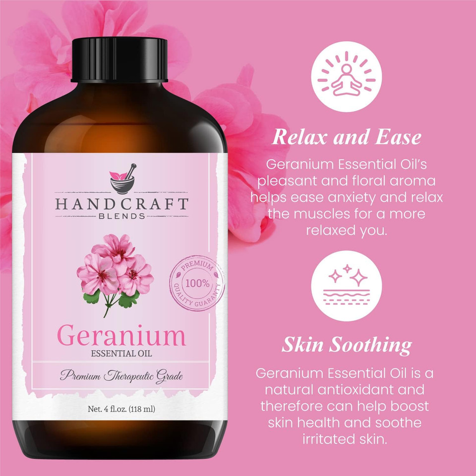 Handcraft Geranium Essential Oil - 100% Pure And Natural - Premium Therapeutic Grade With Premium Glass Dropper - Huge 4 Fl. Oz