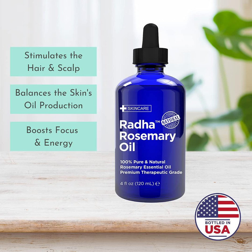 Radha Beauty - Huge 4 Oz. Rosemary Essential Oil - 100% Pure Therapeutic Grade, Steam Distilled For Aromatherapy, Relaxation, Scalp, Healthy Hair Growth, Anti-Aging, Dry Skin4 Fl Oz (Pack Of 1)
