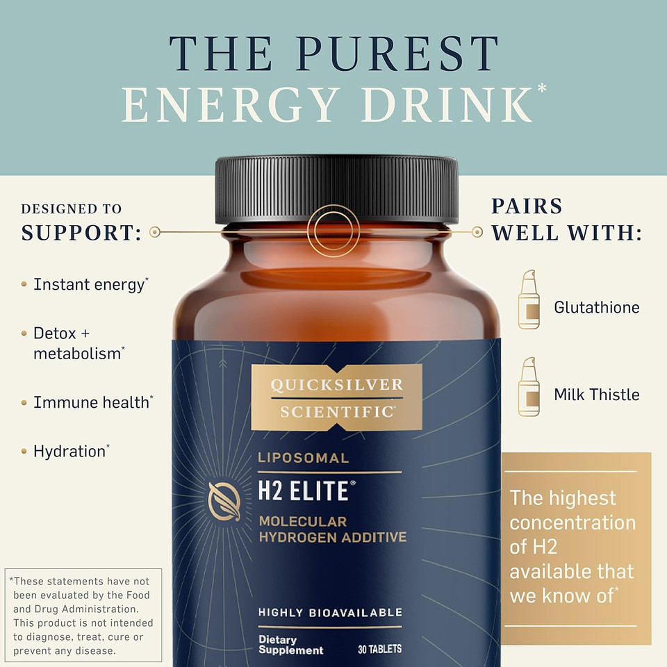 Quicksilver Scientific Hydration Set - H2 Elite Molecular Hydrogen Tablets (60 Count) + 30 Vials Quinton Isotonic Seawater Electrolytes - Supports Energy, Detox + Mineral Replenishment