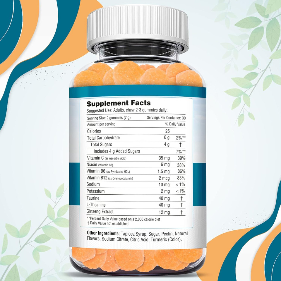 Herbion Naturals Taurine Gummies With Ginseng, L-Theanine, Vitamin C, B3, B6, & B12, Helps Support Mental Clarity & Concentration*, Natural Peach Flavor, Gluten-Free, 60 Pectin Gummies, Made In Usa