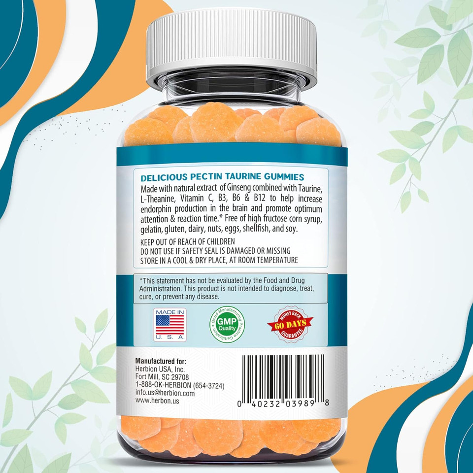Herbion Naturals Taurine Gummies With Ginseng, L-Theanine, Vitamin C, B3, B6, & B12, Helps Support Mental Clarity & Concentration*, Natural Peach Flavor, Gluten-Free, 60 Pectin Gummies, Made In Usa