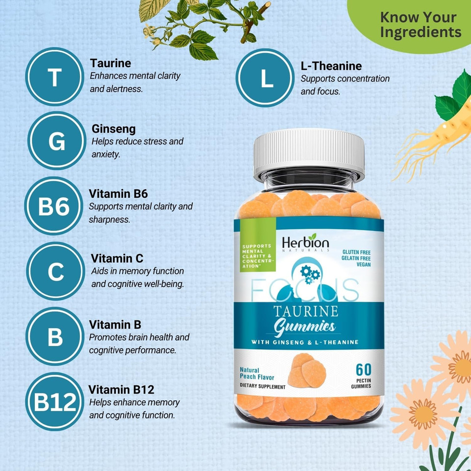 Herbion Naturals Taurine Gummies With Ginseng, L-Theanine, Vitamin C, B3, B6, & B12, Helps Support Mental Clarity & Concentration*, Natural Peach Flavor, Gluten-Free, 60 Pectin Gummies, Made In Usa