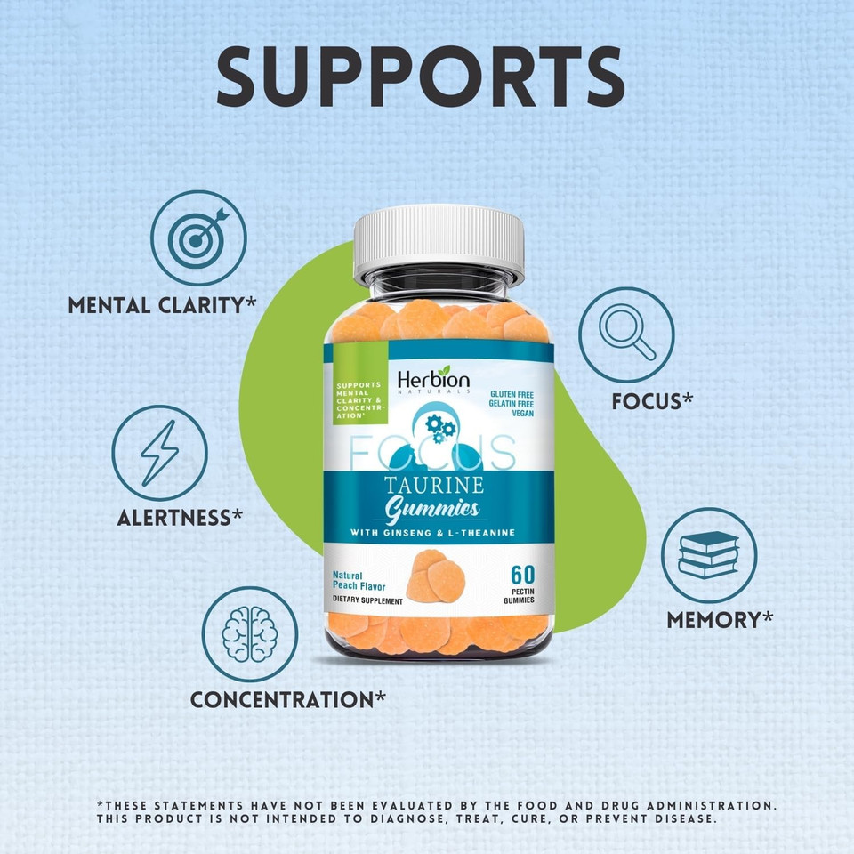 Herbion Naturals Taurine Gummies With Ginseng, L-Theanine, Vitamin C, B3, B6, & B12, Helps Support Mental Clarity & Concentration*, Natural Peach Flavor, Gluten-Free, 60 Pectin Gummies, Made In Usa