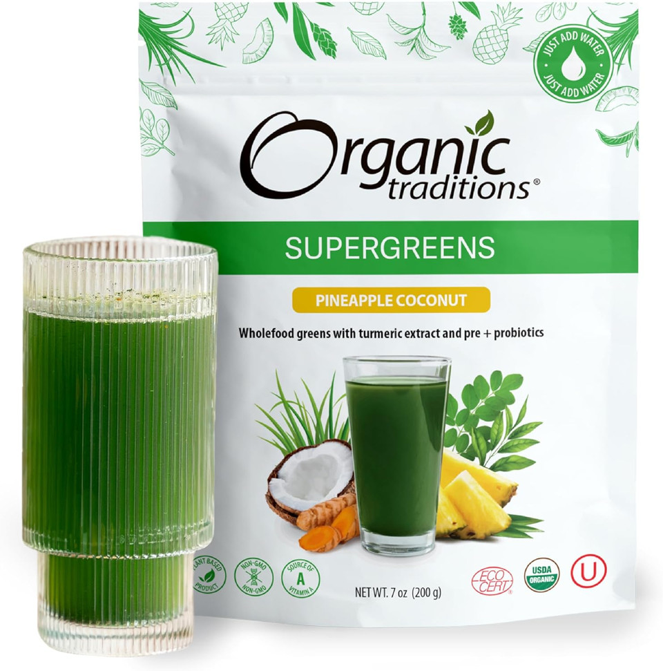Organic Traditions Supergreens With Turmeric | Pineapple Coconut Flavored Organic Greens Powder | 200G / 7Oz Bag