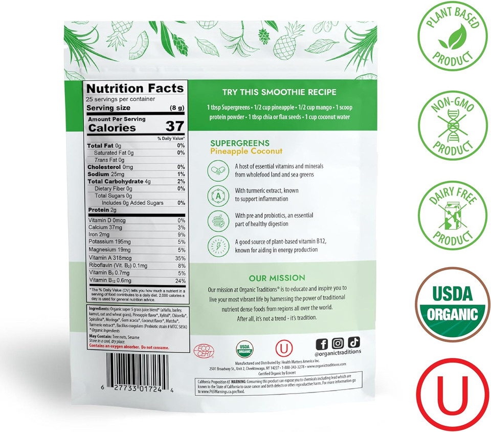 Organic Traditions Supergreens With Turmeric | Pineapple Coconut Flavored Organic Greens Powder | 200G / 7Oz Bag