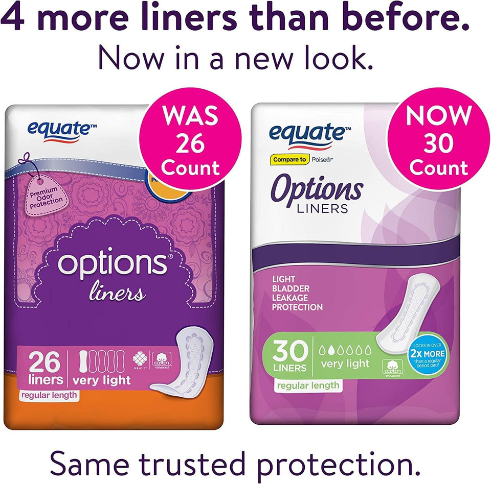Equate Options Liners Light Bladder Leakage Protection, Regular Length Women'S Incontinence Pads, Very Light Absorbency, 30 Count - 2 Pack (60 Total)