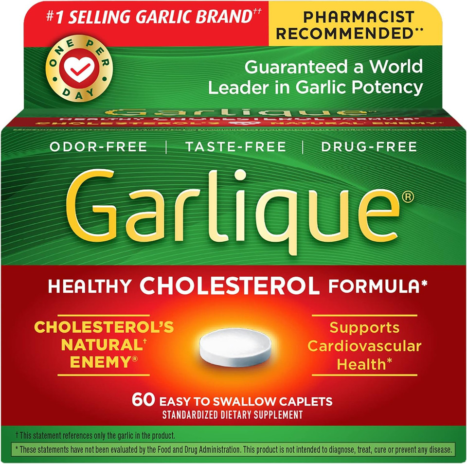 Garlique Garlic Extract Supplement, Healthy Cholesterol Formula, Odorless & Vegan-Friendly, 60 Caplets