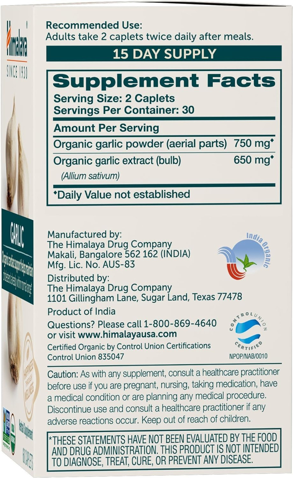 Himalaya Organic Garlic, For Total Heart Health, Cholesterol And Immune Support, 1,400 Mg, 60 Caplets, 15 Day Supply60 Count (Pack Of 1)