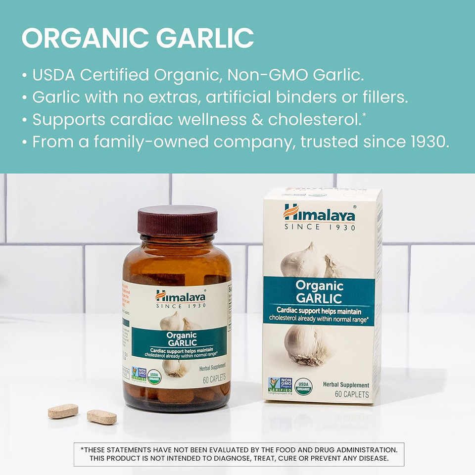 Himalaya Organic Garlic, For Total Heart Health, Cholesterol And Immune Support, 1,400 Mg, 60 Caplets, 15 Day Supply60 Count (Pack Of 1)