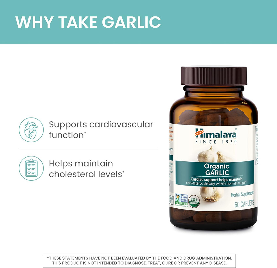 Himalaya Organic Garlic, For Total Heart Health, Cholesterol And Immune Support, 1,400 Mg, 60 Caplets, 15 Day Supply60 Count (Pack Of 1)