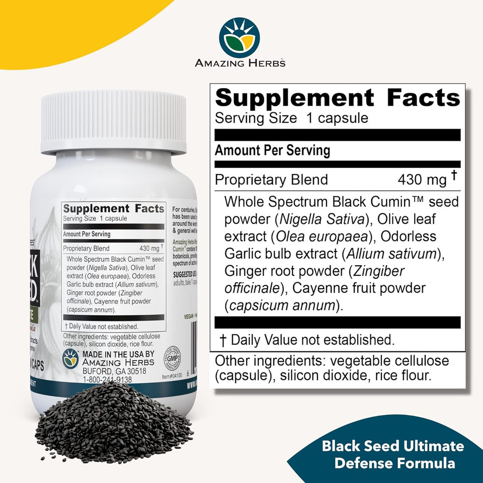 Amazing Herbs Whole Spectrum Black Seed Ultimate, Vegetarian Capsules - Olive Leaf & Garlic Extracts Plus Ginger & Cayenne, Gluten Free, Non Gmo, Vegan - 100 Count