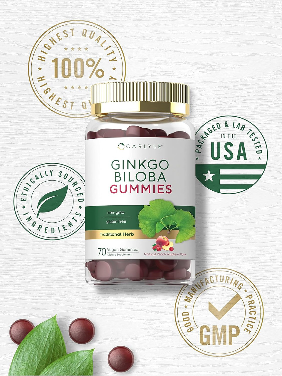 Carlyle Ginkgo Biloba 300Mg | 70 Gummies | 45:1 Leaf Extract | With Natural Peach Raspberry Flavor | Vegan, Non-Gmo, Gluten Free Supplement