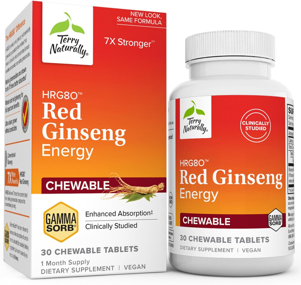 Terry Naturally Hrg80 Red Ginseng Energy - 30 Chewable Tablets - Red Ginseng Root Powder, Panax Ginseng, Hrg80 - Non-Gmo, Vegan, Gluten Free - 30 Servings