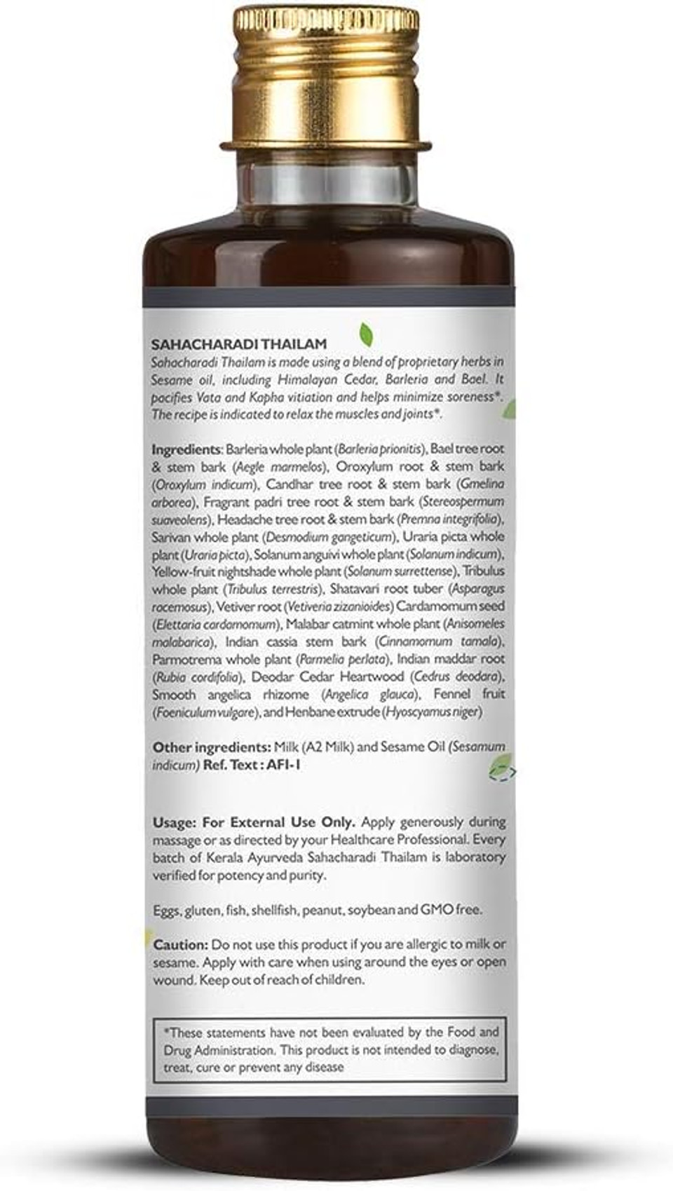 Kerala Ayurveda Sahacharadi Thailam - Ayurvedic Massage Oil - Relaxes & Soothes Sore Muscles Of Lower Back And Legs, 6.76 Fl Oz