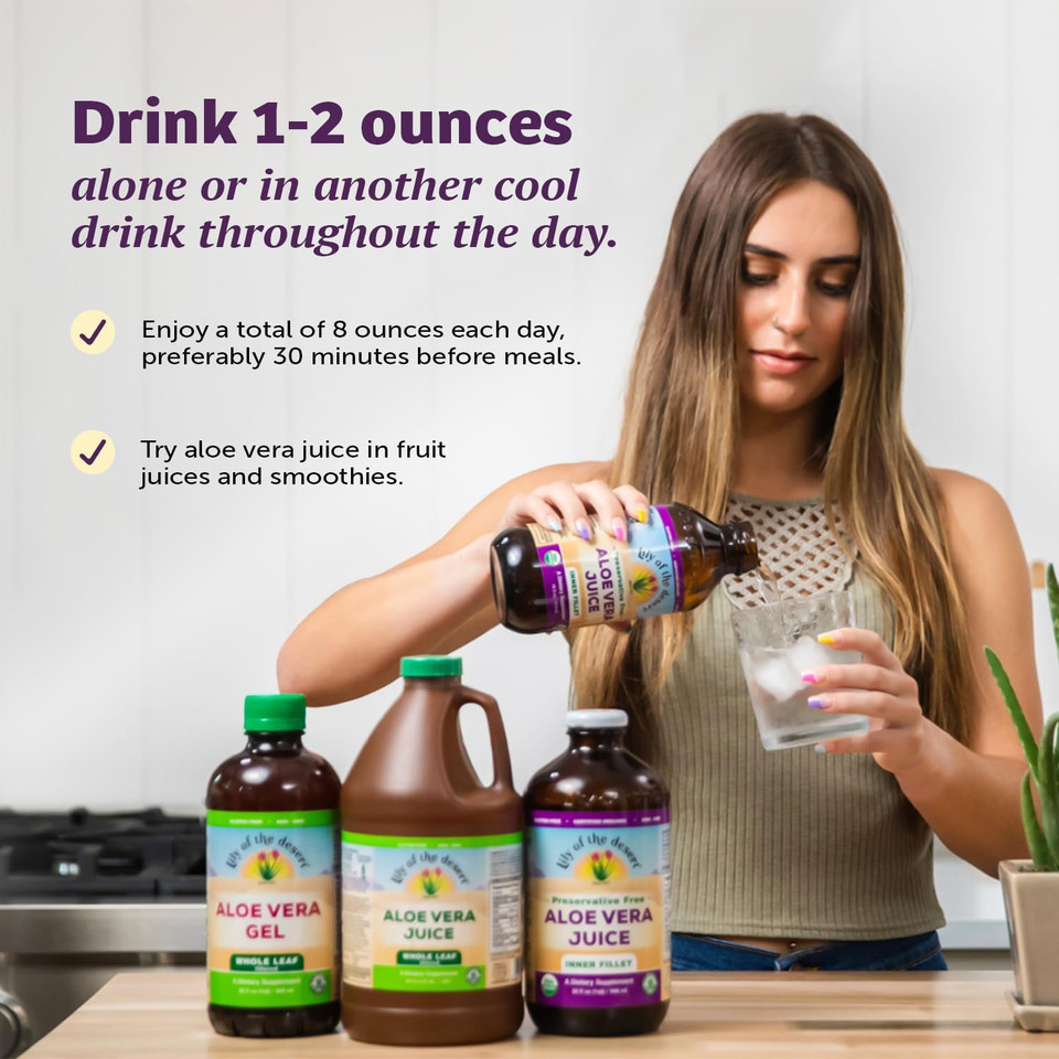 Lily Of The Desert Aloe Vera Gel - Inner Fillet Filtered Thicker Consistency Aloe Vera Drink With Natural Vitamins, Digestive Enzymes For Gut Health, Stomach Relief, Wellness, Glowing Skin, 32 Fl Oz
