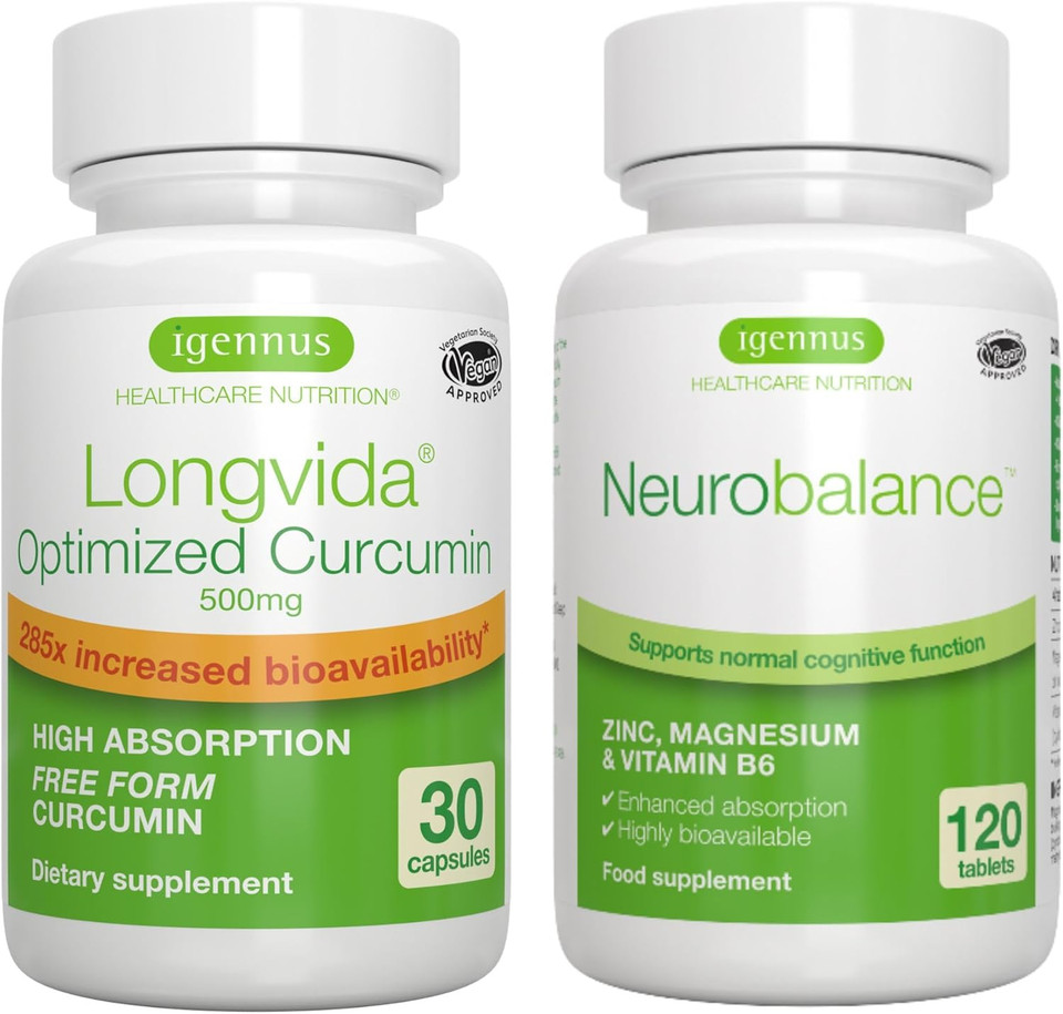 Longvida Curcumin 500Mg + Neurobalance High Absorption Zinc Magnesium B6 Vegan Bundle, Ultra Bioavailable Curcumin With Chelated Zinc Picolinate 24Mg, Oxide-Free Magnesium, By Igennus