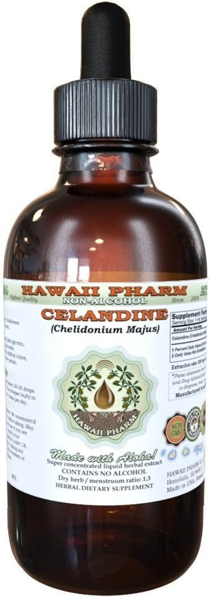 Hawaii Pharm Celandine Alcohol-Free Liquid Extract, Organic Celandine (Chelidonium Majus) Dried Above-Ground Parts Glycerite Natural Herbal Supplement 2 Oz
