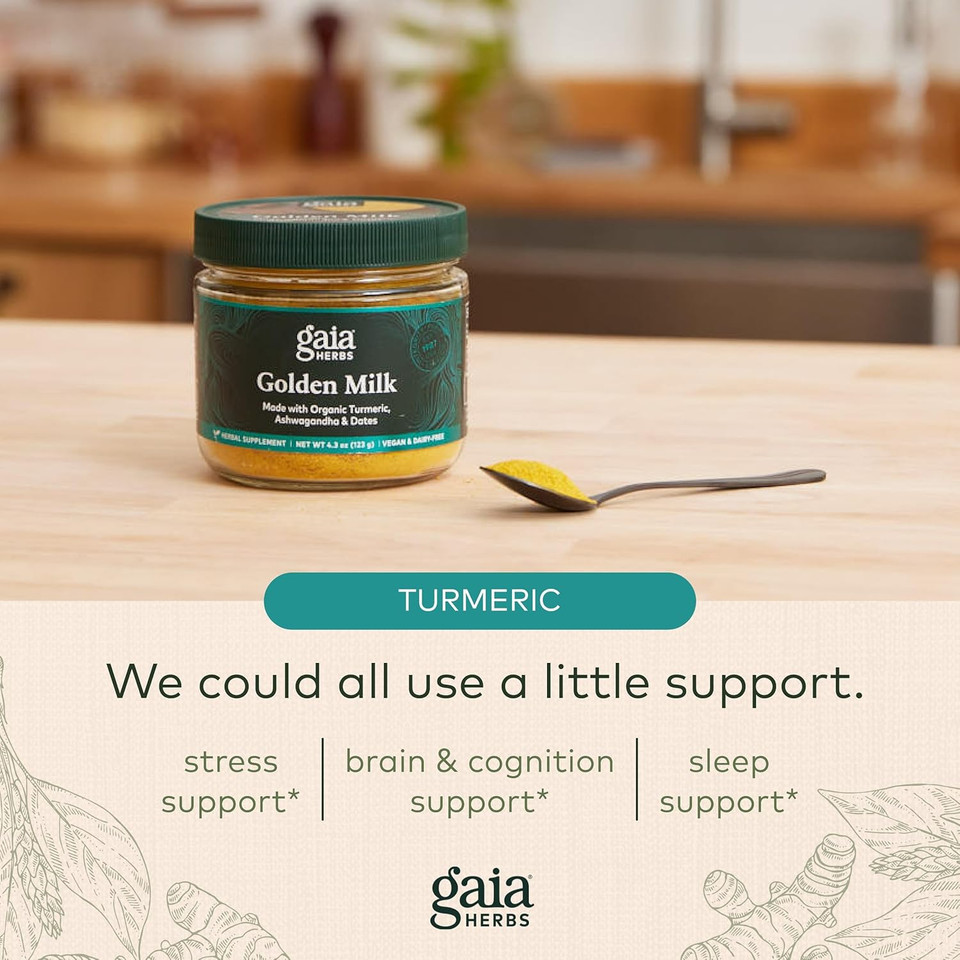 Gaia Herbs Golden Milk Supplement Powder - Made With Organic Turmeric Curcumin, Black Pepper, Ashwagandha, Dates, Cardamom, And Vanilla For An Ayurvedic Cup Of Natural Calm - 4.3 Oz (35-Day Supply)