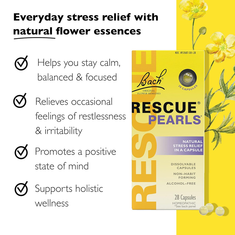 Bach Rescue Pearls, Natural Orange Vanilla Flavor, Natural Stress Relief, Homeopathic Flower Essence, Quick-Dissolve, Gluten & Sugar-Free, 28 Count