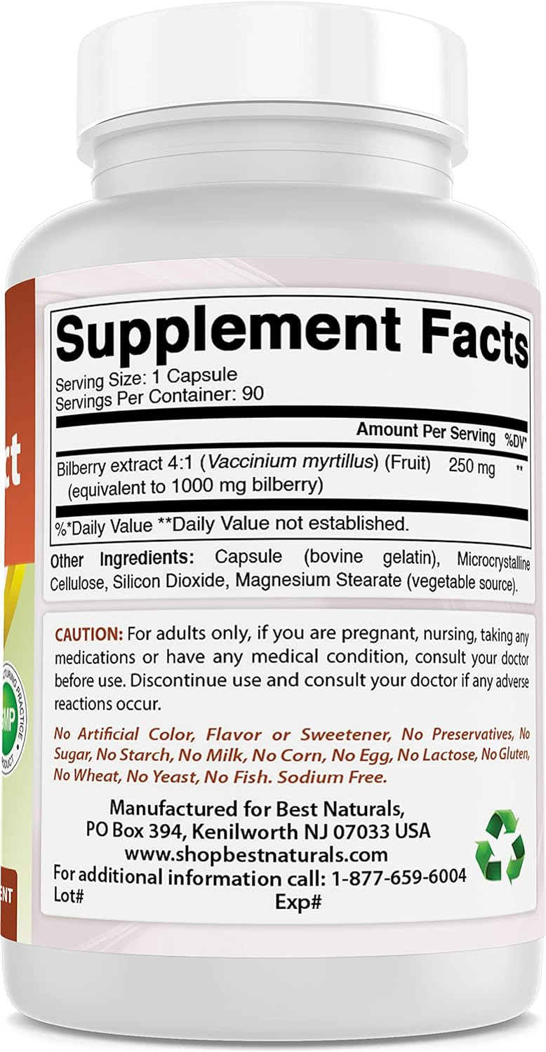 Best Naturals Bilberry Extract 1000Mg Capsule (Non-Gmo) Supports Healthy Vision, 90 Count