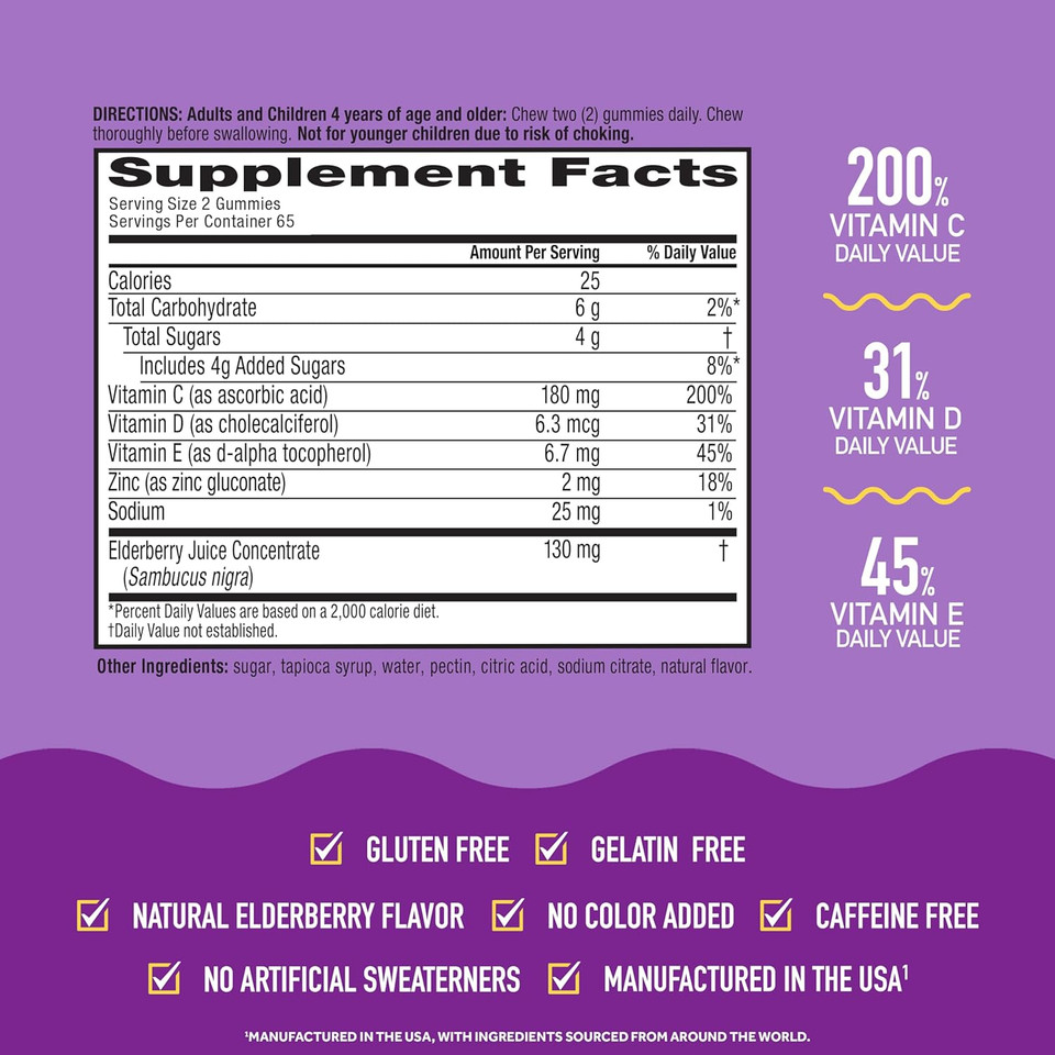 Airborne Elderberry + Zinc & Vitamin C Gummies For Adults, Immune Support Vitamin D & Zinc Gummies With Powerful Antioxidant Vitamins C D & E - 130 Gummies, Elderberry Flavor