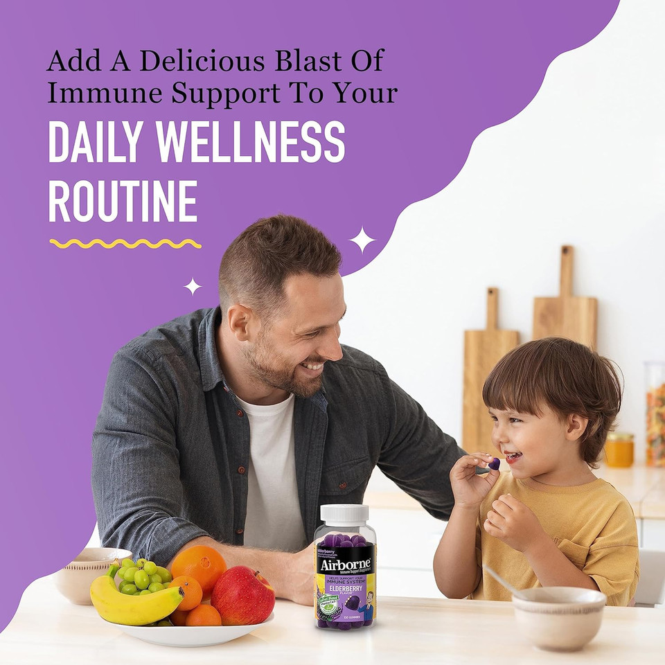 Airborne Elderberry + Zinc & Vitamin C Gummies For Adults, Immune Support Vitamin D & Zinc Gummies With Powerful Antioxidant Vitamins C D & E - 130 Gummies, Elderberry Flavor