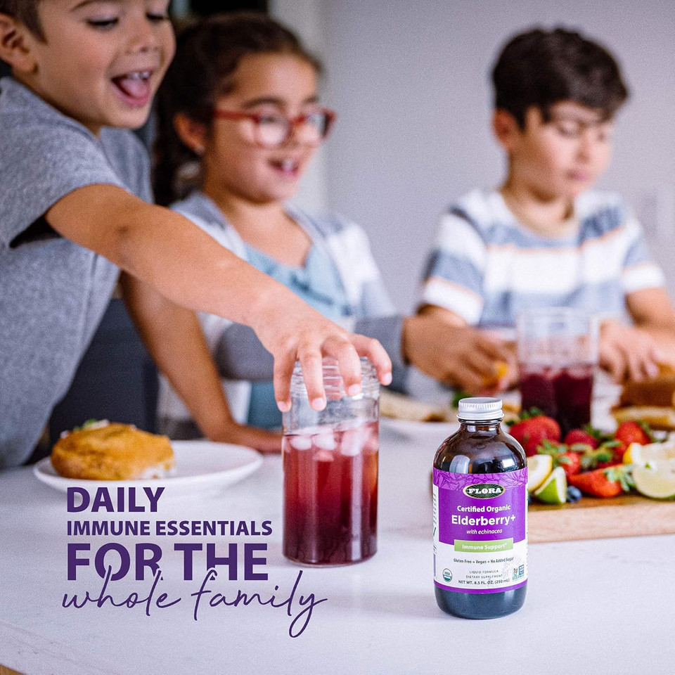 Flora Organic Black Elderberry Syrup + 8.5Oz - Immune Booster With Echinacea, For Kids & Adults, No Added Sugar, Gluten Free, Vegan, Sambuguard
