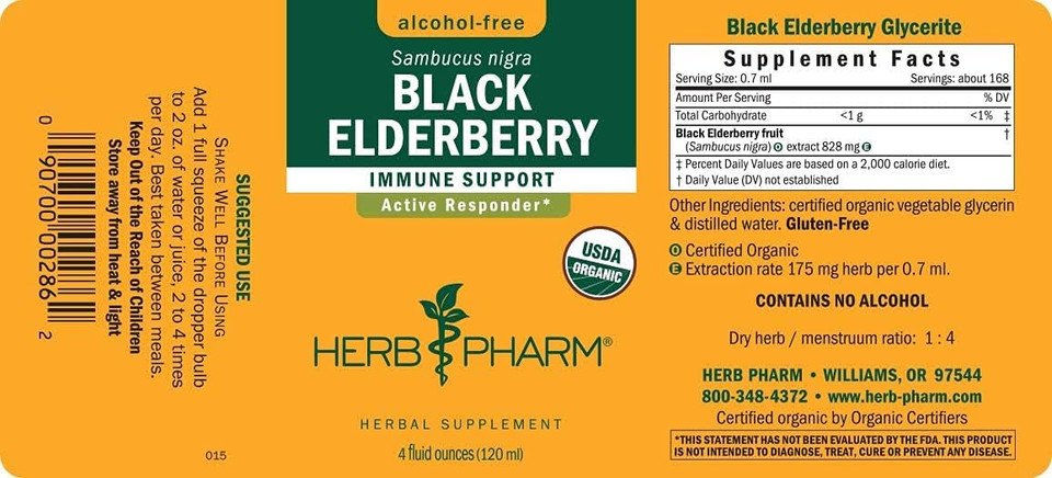 Herb Pharm Certified Organic Black Elderberry Liquid Extract For Immune System Support, Alcohol-Free Glycerite, 1 Ounce