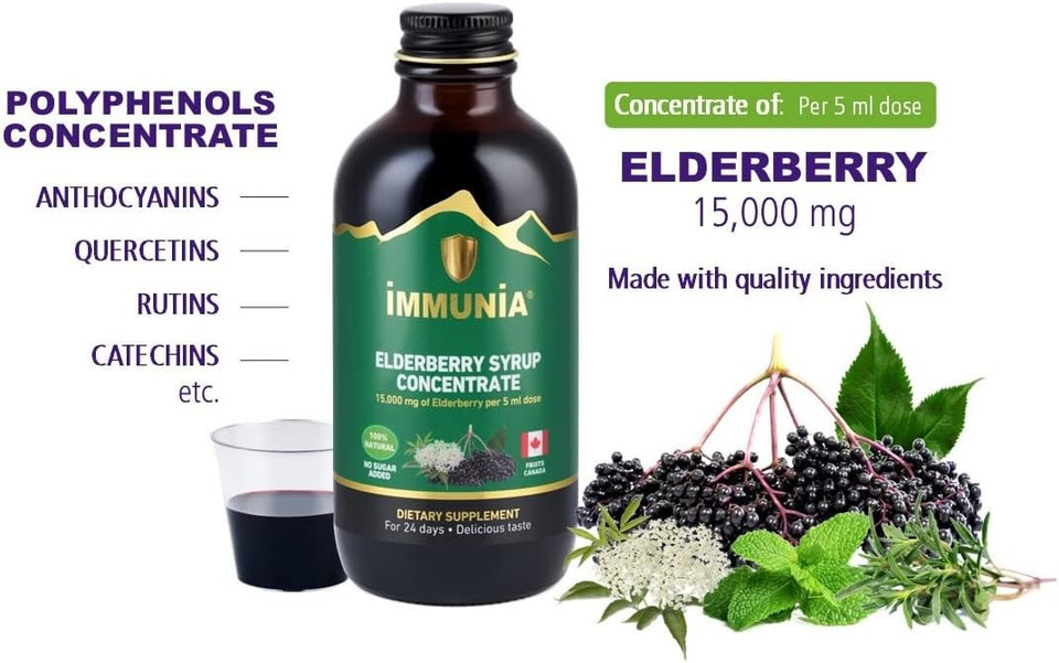 Immunia Elderberry Syrup For Adults Elderberry Concentrate With Elderflower, Thyme And Peppermint. No Sugar Added. Delicious Taste. 24 Days/Bottle. (1-Pack)1 Count (Pack Of 1)