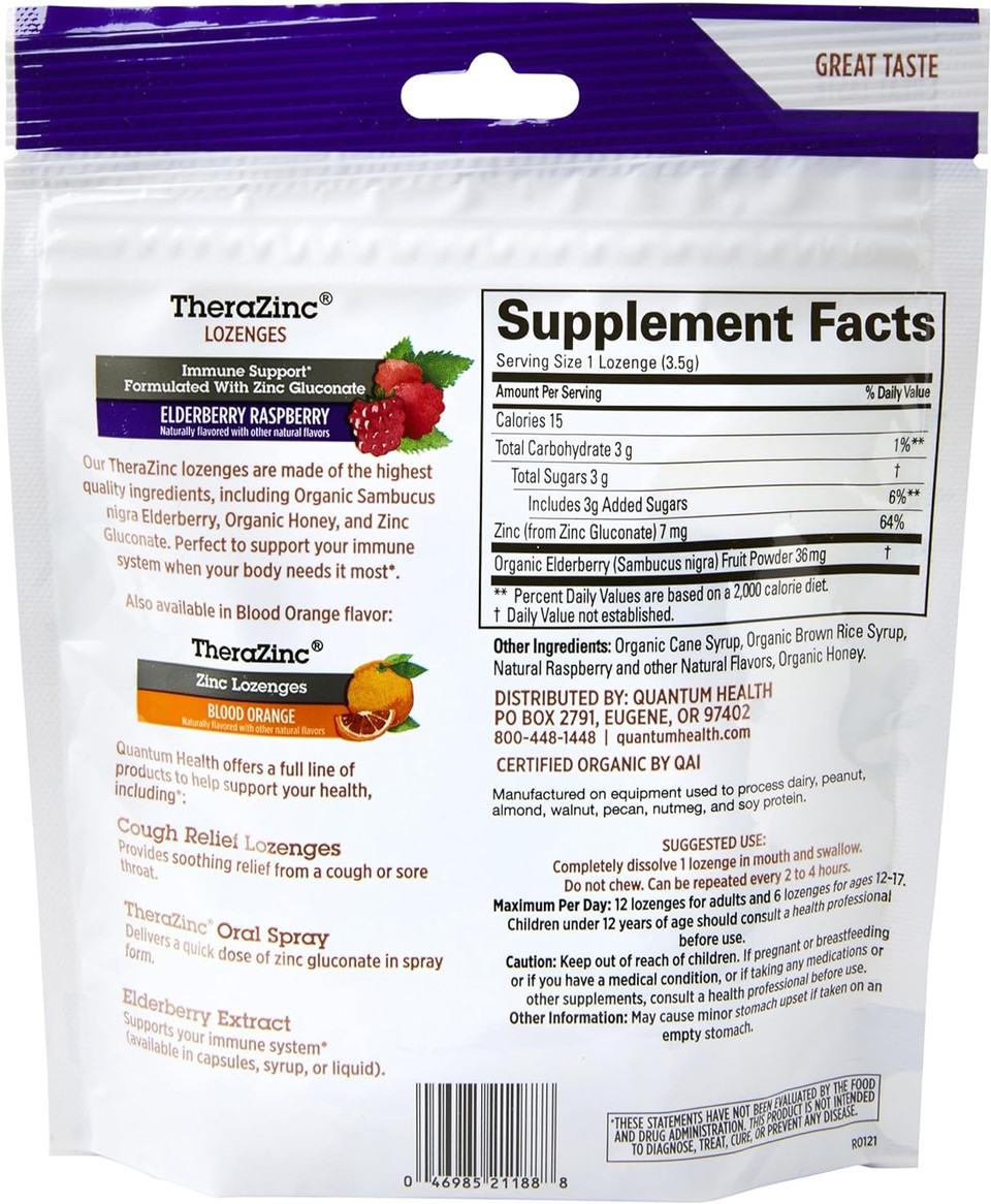 Quantum Health Therazinc Organic Zinc Lozenges Elderberry Sambucus Raspberry & Honey Immune Support For Adults & Kids 12+ Naturally Flavored Fast Relief With No Aftertaste - 18 Count