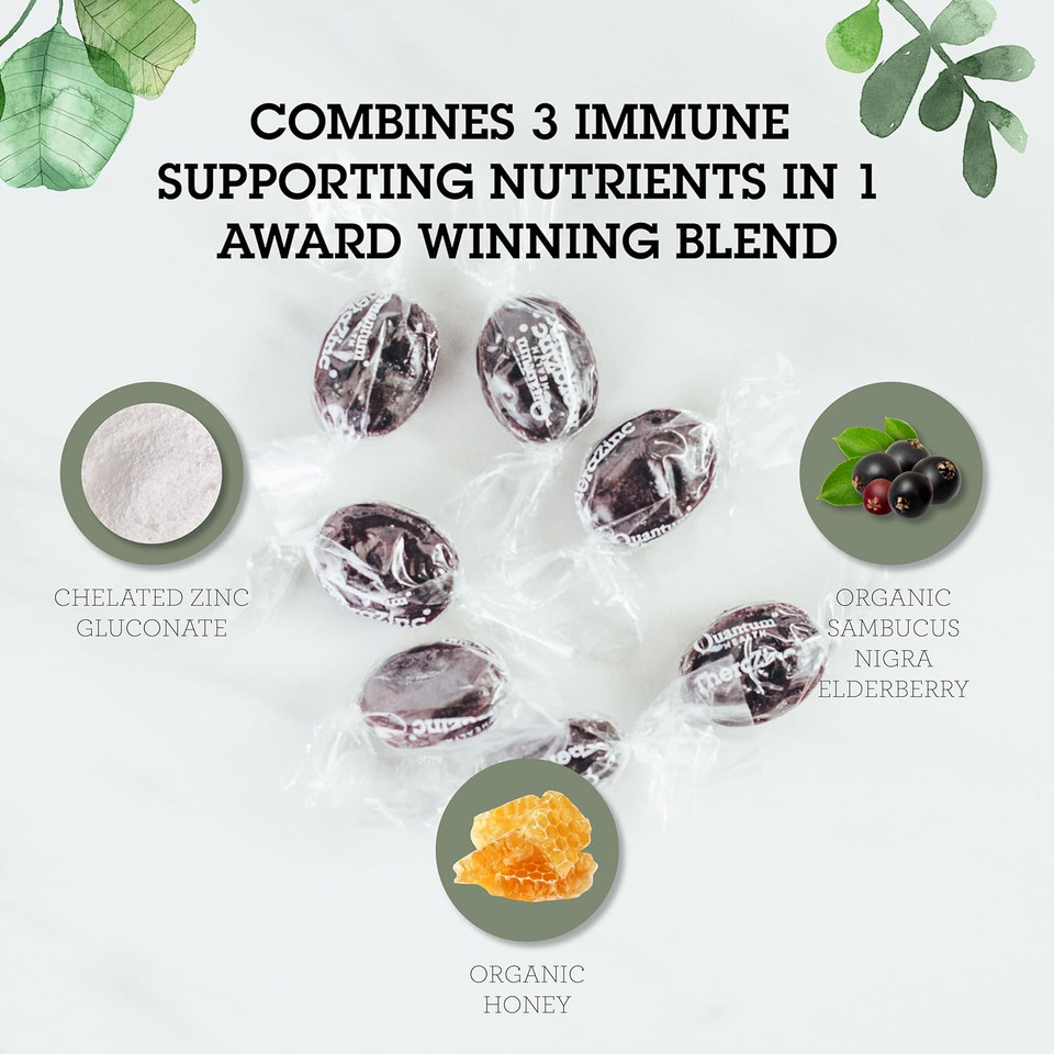 Quantum Health Therazinc Organic Zinc Lozenges Elderberry Sambucus Raspberry & Honey Immune Support For Adults & Kids 12+ Naturally Flavored Fast Relief With No Aftertaste - 18 Count