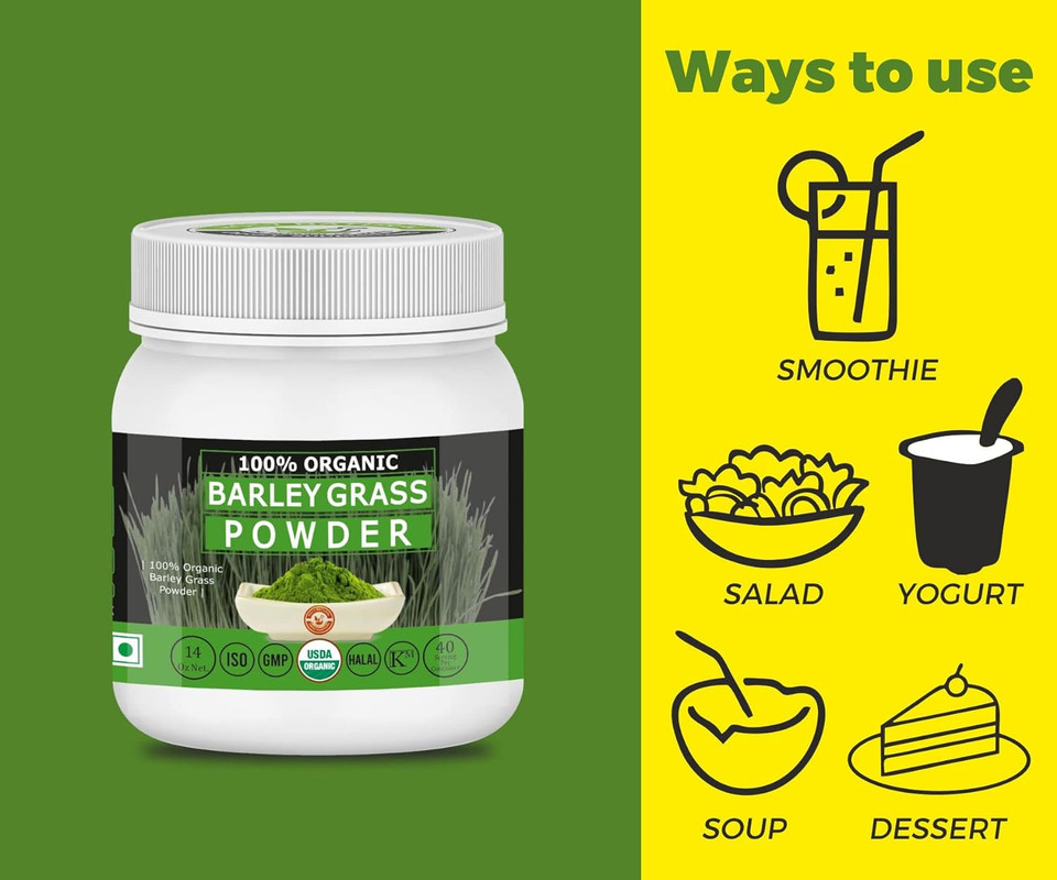 Organic Barley Grass Powder -14 Oz/400 Gm,Usda Certified I 100% Pure&Natural I Nutritionally Complete I Mix Into Smoothie Or Juice I Raw, Greenish Like Leaves, No Preservative,Non Gmo
