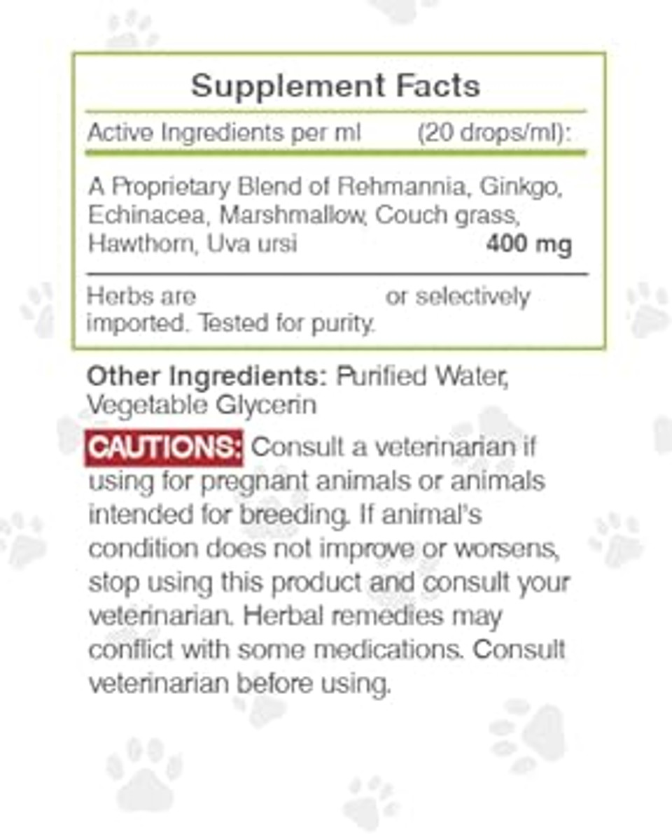 Wolf'S Kidney Alcohol-Free Extract, Tincture, Glycerite Rehmannia, Ginkgo, Echinacea, Marshmallow, Couch Grass, Hawthorn, Uva Ursi. Healthy Kidney Function Support In Dogs (2 Fl Oz)