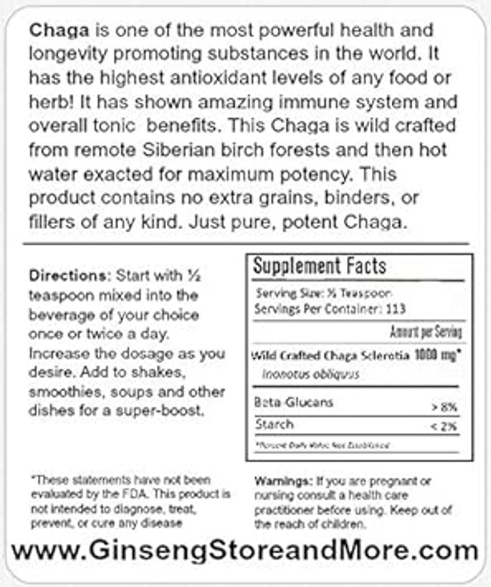4Oz Organic Chaga Mushroom Extracted From Wildcrafted Siberian Chaga Sclerotium From Nammex | >8% Beta-Glucans | Inonotus Obliquus | -Glucan For Energy, Antioxidants, Immune System