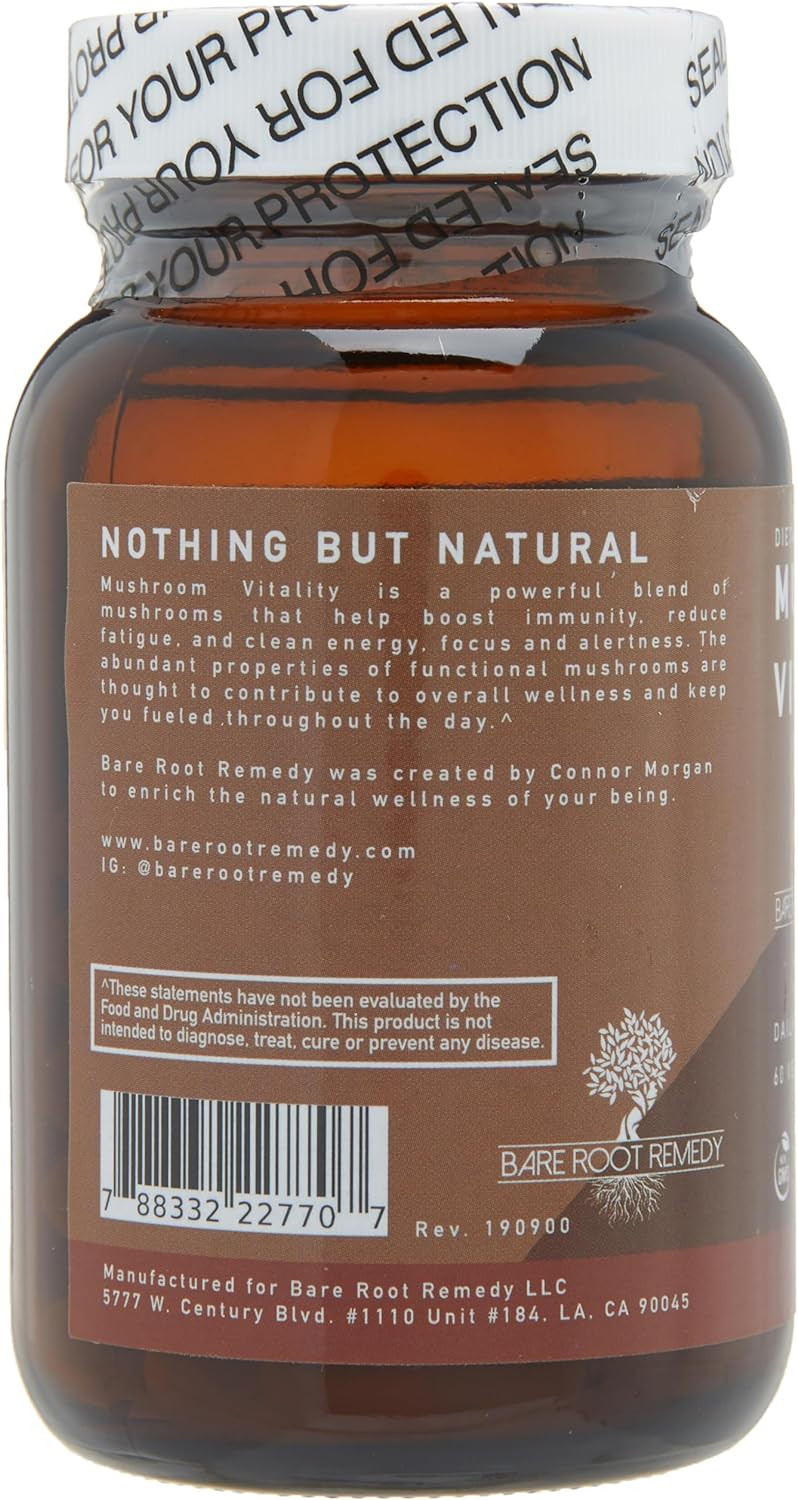 Bare Root Remedy Energy & Focus: Mushroom Vitality - Boost Immunity, Enjoy Clean Energy, Sharpen Focus, And Reduce Fatigue With An Organic Blend Of Mushrooms, 60 Caps