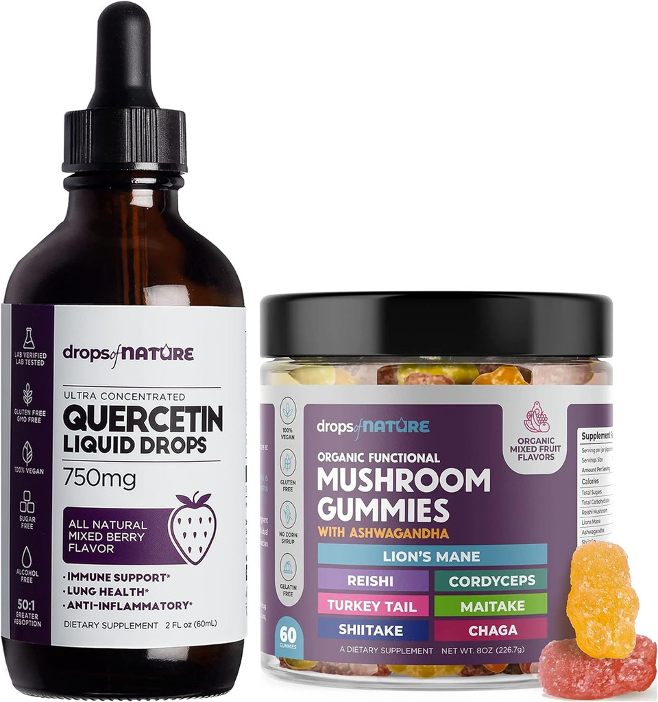 Drops Of Nature Quercetin Liquid Drops 750Mg | Lions Mane Mushroom Gummies 60 Bears | Bundle